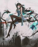  1girl arknights bare_shoulders black_footwear black_hair black_pantyhose blue_dress boboyo china_dress chinese_clothes closed_mouth colored_skin dragon dragon_girl dragon_horns dragon_tail dress dusk_(arknights) dusk_(everything_is_a_miracle)_(arknights) eastern_dragon floating from_side full_body hair_between_eyes hand_on_own_knee high_heels highres horns ink knee_up long_hair looking_at_viewer pantyhose pointy_ears red_eyes sidelocks sitting sleeveless sleeveless_dress smile solo sword tail weapon 