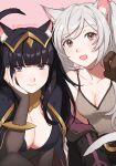 2girls animal_ear_fluff animal_ears blush breasts cat_day cat_ears cat_girl cat_tail cleavage fire_emblem fire_emblem_awakening gloves highres kemonomimi_mode large_breasts long_hair looking_at_viewer medium_breasts multiple_girls open_mouth paw_pose peach11_01 robin_(female)_(fire_emblem) robin_(fire_emblem) smile tail tharja_(fire_emblem) twintails white_hair 