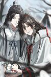  2boys blurry blush brown_eyes brown_hair chinese_clothes cloak closed_eyes commentary daenarys depth_of_field fur-trimmed_cloak fur_trim hair_ribbon hanfu headband high_ponytail highres lan_wangji long_hair long_sleeves looking_at_viewer modao_zushi multiple_boys red_ribbon ribbon smile snow_rabbit symbol-only_commentary tree wei_wuxian white_headband wide_sleeves xiao_guan_(headdress) yaoi 