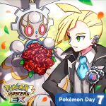  1boy ahoge artist_request blonde_hair copyright_name flower gladion_(pokemon) gladion_(sygna_suit)_(pokemon) green_eyes highres light_smile looking_at_another magearna magearna_(normal) male_focus necktie official_art petals pokemon pokemon_(creature) pokemon_masters_ex red_flower red_rose rose 