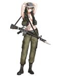  1girl alternate_costume arms_behind_head assault_rifle bandaged_head bandages bandaid_on_eye bandaid_on_stomach bayonet black_footwear black_hair blonde_hair boots breasts dog_tags full_body girls&#039;_frontline green_pants green_vest grey_panties gun gun_sling highres kitsune_udon_(ai_br) long_hair looking_at_viewer m16 m16a1 m16a1_(girls&#039;_frontline) military_uniform multicolored_hair orange_eyes panties pants parted_lips pouch rifle solo streaked_hair underwear uniform vest weapon white_background 