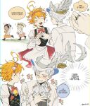  2boys 2girls animal_ears antenna_hair ascot bell blush dress emma_(yakusoku_no_neverland) fedora hat hat_ornament highres m_m_pb multiple_boys multiple_girls norman_(yakusoku_no_neverland) number_tattoo open_mouth orange_hair short_hair smile speech_bubble tail tattoo teeth thumbs_up white_ascot white_hair white_headwear yakusoku_no_neverland 