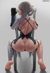  1girl artist_name ass back bandaged_arm bandaged_leg bandages barefoot black_gloves bottomless braid breasts chair feet from_behind full_body gloves grey_background highres kaine_(nier) large_breasts looking_back negligee nier nier_(series) photo-referenced seraziel solo 