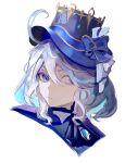  1girl absurdres ahoge blue_eyes blue_headwear brooch commentary_request furina_(genshin_impact) genshin_impact hat highres jewelry short_hair simple_background solo top_hat white_background white_hair yuhel 