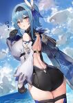  1girl ass black_gloves black_hairband black_shorts blue_cape blue_hair blue_sky breasts brown_eyes cape cloud commentary_request cowboy_shot day eula_(genshin_impact) genshin_impact gloves hair_ornament hairband hand_up highres large_breasts long_hair long_sleeves looking_at_viewer parted_lips shirt short_shorts shorts sky solo standing the_olphy thighs white_shirt wide_sleeves 