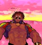  1boy absurdres bara bare_pectorals dark-skinned_male dark_skin dee_jay ere_(ere_ere) grabbing grabbing_from_behind highres large_pectorals male_focus muscular muscular_male navel nipples pectoral_grab pectorals pink_background solo_focus standing stomach street_fighter street_fighter_6 strongman_waist sunglasses sunset thick_eyebrows wide-eyed 