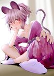  alternate_costume alternate_hairstyle animal_ears arm_support bare_shoulders collarbone floral_print foreshortening grey_hair highres indian_style ishikkoro japanese_clothes kimono looking_at_viewer mouse_ears mouse_tail nazrin obi off_shoulder ponytail red_eyes sash silver_hair sitting solo tail touhou 