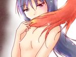  akemi_homura black_hair bomaan long_hair mahou_shoujo_madoka_magica multiple_girls nipples no_nipples nude out_of_frame purple_eyes red_hair sakura_kyouko 