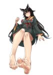  1girl animal_ear_fluff animal_ears bare_legs barefoot black_hair bolt cosplay delilah_(guilty_gear) delilah_(guilty_gear)_(cosplay) dress eiji_(eiji) erune feet foot_focus foreshortening full_body granblue_fantasy granblue_fantasy_versus:_rising guilty_gear guilty_gear_strive hair_between_eyes highres looking_at_viewer nier_(granblue_fantasy) red_eyes red_ribbon ribbon simple_background solo white_background wide_sleeves wolf_ears 