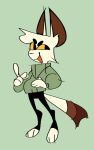 ambiguous_gender anthro brown_ears clothing dew_(dewenjoyer) dewenjoyer ears_up green_clothing green_sweater green_topwear hand_on_belly looking_aside raised_finger red_mouth simple_background solo sweater tagme tail topwear yellow_sclera