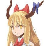  blonde_hair blush bow fang freckles hair_bow horn_bow horns ibuki_suika long_hair looking_at_viewer maskman simple_background smile solo touhou upper_body white_background yellow_eyes 