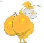 alphys anthro big_breasts big_butt bottomless breasts buckteeth butt clipboard clothed clothing coat ellipsis english_text female huge_breasts huge_butt huge_hips huge_thighs hyper hyper_butt lab_coat lizard non-mammal_breasts object_between_cheeks reptile scalie schplingnops solo teeth text thick_thighs thought_bubble topwear undertale_(series) wide_hips yellow_body yellow_sclera