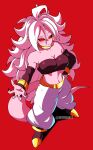  1girl absurdres android_21 black_nails breasts cleavage dragon_ball dragon_ball_fighterz earrings highres jewelry large_breasts long_hair looking_at_viewer majin_android_21 nail_polish pants red_background red_eyes shoes simple_background solo sottart tail white_hair 