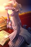  blue_bow blush book bow breasts crescent hair_bow hat highres kezune_(i-_-i) large_breasts long_hair looking_at_viewer patchouli_knowledge purple_eyes purple_hair red_bow solo touhou very_long_hair 
