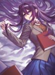  1girl bed_sheet blue_skirt book bow bowtie breasts brown_jacket brown_sweater_vest commentary cowboy_shot doki_doki_literature_club expressionless from_above hair_intakes hair_spread_out highres holding holding_book holding_hair jacket large_breasts light_frown looking_afar looking_to_the_side loose_hair_strand lying mutchang043 neck_ribbon on_back on_bed playing_with_own_hair pleated_skirt purple_eyes purple_hair red_bow red_bowtie red_ribbon ribbon school_uniform shirt skirt solo sweater_vest white_shirt yuri_(doki_doki_literature_club) 