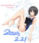  1girl amagami ass barefoot black_eyes black_hair black_one-piece_swimsuit blue_one-piece_swimsuit breasts closed_mouth commentary competition_swimsuit dated feet full_body happy_birthday highres looking_at_viewer medium_breasts nanasaki_ai one-piece_swimsuit short_hair solo swimsuit thighs twitter_username two-tone_swimsuit usagii! 