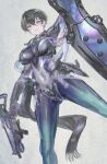  1girl absurdres black_hair bodysuit breasts covered_navel gun highres holding holding_gun holding_shield holding_weapon mecha_musume original pale_skin purple_eyes scarf shield shiny_clothes short_hair skin_tight solo weapon yoshimoto_(dear_life) 