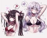  2girls :c ? adjusting_hair arm_behind_back arm_up bikini black_bikini black_swan_(honkai:_star_rail) blush bow breasts brown_hair cleavage collarbone cropped_torso dot_nose front-tie_bikini_top front-tie_top gradient_hair hair_bow hand_in_own_hair heart highres honkai:_star_rail honkai_(series) huge_breasts large_breasts looking_at_viewer multicolored_hair multiple_girls navel open_mouth pink_eyes purple_eyes purple_hair red_bikini red_bow red_hair simple_background sparkle_(honkai:_star_rail) spoken_heart spoken_question_mark stomach string_bikini swimsuit twintails usa_(usagi_minku) white_background 