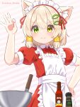  1boy absurdres ahoge animal_ears apron artist_name blonde_hair cat_boy cat_ears dress fish_hair_ornament frilled_apron frills green_eyes hair_ornament hair_ribbon hazakura_hinata heterochromia highres hot_sauce kaya_(hazakura_hinata) maid maid_apron maid_headdress male_focus meme mixer_(cooking) mixing_bowl original otoko_no_ko pepper_(spice) pepper_shaker red_dress red_ribbon ribbon salt_bae_(meme) smile upper_body valentine variant_set white_apron yellow_eyes 