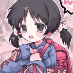  1girl backpack bag black_hair blush fang hair_bobbles hair_ornament kaai_yuki long_sleeves looking_at_viewer low_twintails open_mouth pink_eyes pokopokotarou1 randoseru short_hair solo twintails vocaloid 