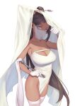  1girl bare_shoulders bigrbear blue_eyes breasts brown_hair cleavage dark-skinned_female dark_skin dress gloves hair_ornament hair_stick hat highres large_breasts long_hair mouth_veil no_panties original pelvic_curtain see-through_veil solo strapless strapless_dress thighhighs veil very_long_hair white_background white_dress white_gloves white_thighhighs 