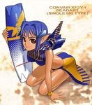  aircraft airplane arm_support blue_hair character_name f2y_sea_dart janome_gochou jet mecha_musume military original personification pointy_ears red_eyes revision skirt solo surfboard wristband 