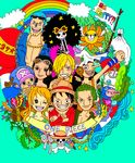  afro black_hair blonde_hair blue_hair brook cyborg fish flag franky green_hair hair_over_one_eye hat headphones jolly_roger long_sleeves monkey_d_luffy nami nami_(one_piece) nico_robin one-eyed one_piece orange_hair pirate rainbow red_shirt roronoa_zoro sanji scar shirt skeleton smile straw_hat sunglasses sunglasses_on_head thousand_sunny tony_tony_chopper usopp 