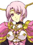  1girl armor breasts character_request closed_mouth looking_at_viewer murata_tefu pink_hair short_hair shoulder_armor simple_background smile solo white_background 