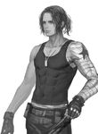  captain_america_the_winter_soldier cdash817 dog_tags greyscale james_buchanan_barnes male_focus marvel mechanical_arm monochrome ponytail prosthesis prosthetic_arm realistic solo tank_top winter_soldier 