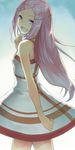  anemone_(eureka_seven) bad_id bad_pixiv_id bare_arms bare_shoulders cccpo dress eureka_seven eureka_seven_(series) grey_eyes hair_ornament highres long_hair looking_at_viewer looking_back open_mouth purple_hair sleeveless sleeveless_dress smile solo striped striped_dress sundress very_long_hair 