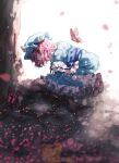  1girl blue_dress blue_headwear bug butterfly cherry_blossoms dress highres kneeling long_sleeves open_mouth pink_butterfly pink_hair saigyou_ayakashi saigyouji_yuyuko solo touhou tsuyuji_shigure 