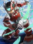  1boy armor black_bodysuit blue_eyes bodysuit crop_top crotch_plate energy_sword helmet highres holding holding_sheath holding_sword holding_weapon kneeling long_hair mega_man_(series) mega_man_zero_(series) milestone_celebration official_alternate_costume omochi_(mochi_skymega) red_footwear scabbard sheath simple_background solo sword weapon white_hair zero(z)_(mega_man) zero_(mega_man) 