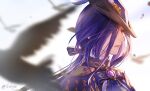  1girl bird blue_capelet capelet clorinde_(genshin_impact) commentary eulyin_huan genshin_impact hat long_hair portrait purple_hair solo tricorne very_long_hair 