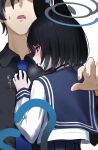  1boy 1girl animal_ears black_choker black_eyes black_hair black_shirt blue_archive blue_necktie blue_sailor_collar blush breath bright_pupils cat_ears cat_tail choker collared_shirt commentary_request from_behind halo hetero highres hug kikyou_(blue_archive) long_sleeves multiple_tails necktie nichijo parted_lips profile sailor_collar school_uniform sensei_(blue_archive) serafuku shirt shirt_grab simple_background solo_focus sweatdrop tail two_tails upper_body v-shaped_eyebrows white_background white_pupils white_shirt 