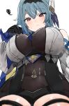  1girl absurdres between_breasts black_gloves blue_hair blue_necktie breasts clothing_cutout commentary_request eula_(genshin_impact) from_below frown genshin_impact gloves hair_between_eyes hair_ornament hand_up high-waist_shorts highres large_breasts looking_at_viewer medium_hair necktie necktie_between_breasts pov purple_eyes shorts shoulder_cutout sidelocks simple_background solo squiggle sweatdrop the_olphy white_background 