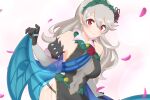  1girl blue_cape cape corrin_(female)_(fire_emblem) corrin_(female)_(resplendent)_(fire_emblem) corrin_(fire_emblem) fire_emblem fire_emblem_fates fire_emblem_heroes flower hairband highres ikonaska long_hair pointy_ears red_eyes red_flower red_rose rose solo white_hair 