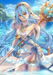  1girl absurdres asymmetrical_legwear azura_(fire_emblem) blue_hair breasts dress elbow_gloves fingerless_gloves fire_emblem fire_emblem_fates gloves hair_between_eyes highres holding holding_polearm holding_weapon jewelry long_hair looking_at_viewer open_mouth polearm single_leg_pantyhose smile solo uneven_legwear vaniraaa veil very_long_hair water weapon white_dress yellow_eyes 