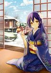  arrow blue_hair blue_sky bridge building clouble cloud day flower hair_flower hair_ornament hairpin holding house indoors japanese_clothes kimono long_hair looking_at_viewer love_live! love_live!_school_idol_project seiza sitting sky sliding_doors smile snow snowing solo sonoda_umi stone_lantern tassel yellow_eyes 