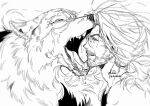  1boy absurdres artist_name beard facial_hair grin head_in_mouth highres lineart long_hair male_focus mature_male monochrome okiii portrait profile reverse:1999 saliva shamane signature smile solo wolf 