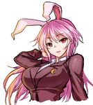  animal_ears blazer breasts bunny_ears crescent extra_ears hand_in_hair jacket jonylaser large_breasts long_hair long_sleeves looking_at_viewer purple_eyes red_eyes reisen_udongein_inaba shirt smile solo touhou upper_body very_long_hair 