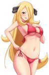  1girl absurdres bikini blonde_hair commentary_request cynthia_(pokemon) grey_eyes hair_ornament hair_over_one_eye highres long_hair looking_at_viewer maho_(corotonton5150) partial_commentary pokemon red_bikini side-tie_bikini_bottom simple_background solo standing swimsuit white_background 