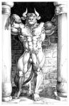 2018 abs anthro balls biceps big_penis black_and_white body_hair bovid bovine brick_wall cattle chest_hair deltoids european_mythology feet flaccid genitals greek_mythology horn inside jebriodo looking_at_viewer male mammal manly minotaur monochrome muscular muscular_arms muscular_legs muscular_thighs mythology navel nipples nude obliques pecs penis pillar pubes shadow solo triceps vein veiny_penis wall_(structure)