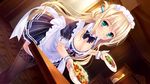  bent_over black_legwear blonde_hair blush bow bowtie breasts carrying cleavage detached_collar dutch_angle food game_cg green_eyes hair_ornament highres large_breasts long_hair maid_headdress natsu_no_iro_no_nostalgia plate shinjouji_ayane smile solo table thighhighs waitress yamakaze_ran 