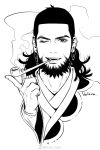  1boy ainu ainu_clothes anderain beard commentary_request cropped_shoulders earrings facial_hair full_beard golden_kamuy greyscale highres holding holding_smoking_pipe hoop_earrings jewelry kiroranke looking_at_viewer male_focus mature_male monochrome one_eye_closed short_hair smile smoking_pipe solo thick_beard thick_eyebrows 