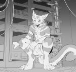 anthro bottomwear cables clothed clothing crouching digitigrade domestic_cat felid feline felis fur hi_res majmajor male mammal monochrome pants partially_clothed paws server_room solo striped_body striped_fur stripes tail technology