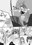  archery arrow bow_(weapon) comic commentary_request gloves greyscale hair_ribbon hairband hakama hat japanese_clothes kaga_(kantai_collection) kantai_collection long_hair monochrome multiple_girls muneate parody partly_fingerless_gloves poposuke quiver ribbon robin_hood short_hair short_sidetail shoukaku_(kantai_collection) sweat thighhighs translated twintails weapon yugake zuikaku_(kantai_collection) 