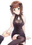  1boy 1girl absurdres amami_haruka arm_support b1ack_illust black_bow black_dress black_thighhighs blush bow breasts brown_hair cleavage collarbone commentary_request dress eyelashes garter_straps green_eyes hair_bow highres holding_hands idolmaster idolmaster_(classic) looking_at_viewer medium_hair nail_polish on_floor parted_lips pink_nails producer_(idolmaster) see-through see-through_cleavage shadow side_slit sidelocks sleeveless sleeveless_dress thighhighs thighs white_background 