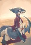 anthro big_breasts blue_eyes breasts butt c3ilin clothed clothing emilya_(chorsinnell39) exposed_breasts female fin fish gills grey-body hi_res lamniform legwear marine non-mammal_breasts partially_clothed shark sharp_teeth side_view solo tail tail_fin teeth thick_tail thigh_highs thresher_shark tight_clothing