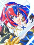  1girl alear_(female)_(fire_emblem) alear_(fire_emblem) blue_eyes blue_hair braid crossed_bangs crown_braid fire_emblem fire_emblem_engage heterochromia highres ikonaska long_hair multicolored_hair open_mouth red_eyes red_hair split-color_hair tiara two-tone_hair very_long_hair 