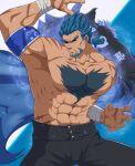  1boy abs armband artist_name bandages bara beard biceps blue_background blue_hair bucchigiri?! chest_hair facial_hair feet_out_of_frame fighting_stance highres jacket kenchiro_(bucchigiri?!) large_pectorals male_focus manly mature_male muscular muscular_male pants pectorals ponytail scar short_hair signature simple_background sleeveless sleeveless_jacket solo takao_oz thick_arms thick_eyebrows topless_male white_background 